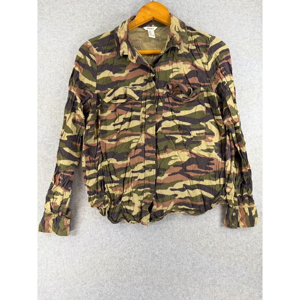 Forever 21 Women’s M Camo Snap Front Utility Shirt Military Drawstring 3576